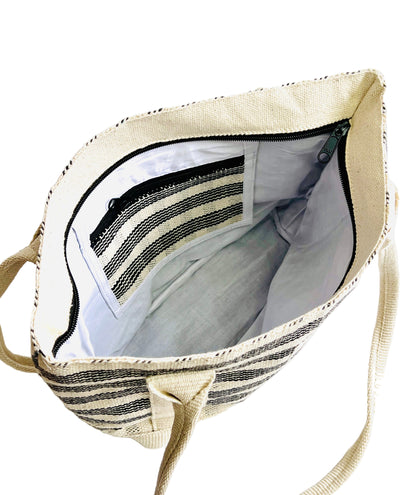 Black/White line Cotton Thread Bag