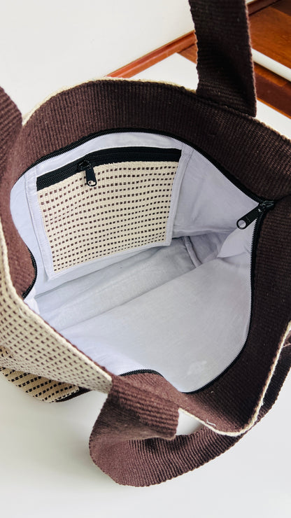 Brown/White Handmade Thread Cotton Bag